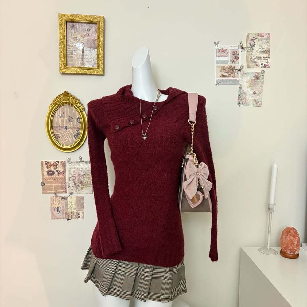 Love Heart Sweater Size M Burgundy Fuzzy Knit Long Sleeve Button Collar